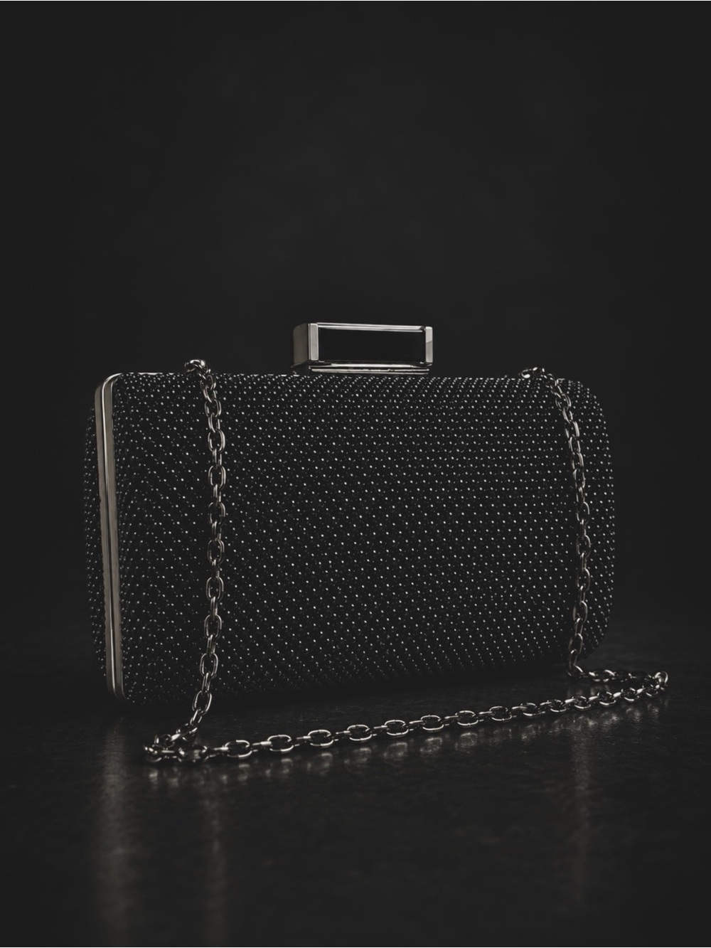 Jessica McClintock Black Beaded Hard Shell Clutch | Evening Bag